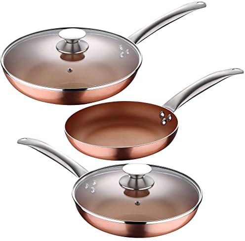 SAN IGNACIO Optimum Copper | Sartenes Antiadherentes | Set de 3 Sartenes de 20, 24 y 28 cm de Diámetro y 2 Tapas | Fabricadas con Aluminio Prensado | Revestimiento Multiclad | Todo Tipo de Cocinas