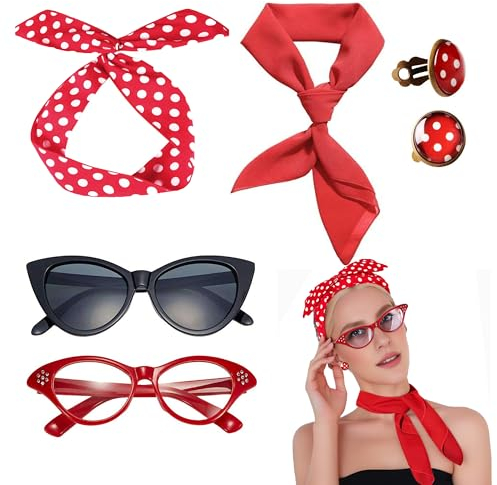 Seawhisper 50er Jahre Kostüm Damen Rockabilly Accessoires Frauen Halloween Accessoires Rot Chiffontücher Katze Brille Ohrringe Haarband