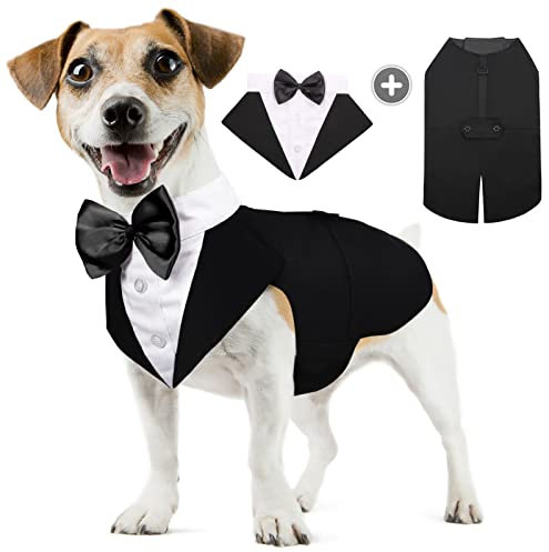 AOFITEE Formal Dog Suit and Bandana Set, Gentle Dog Wedding Party Suit Bow Tie Shirt Vest, Pet Smoking Costume Outfit with Detachable Bowtie Collar for Christmas Halloween Dress Up