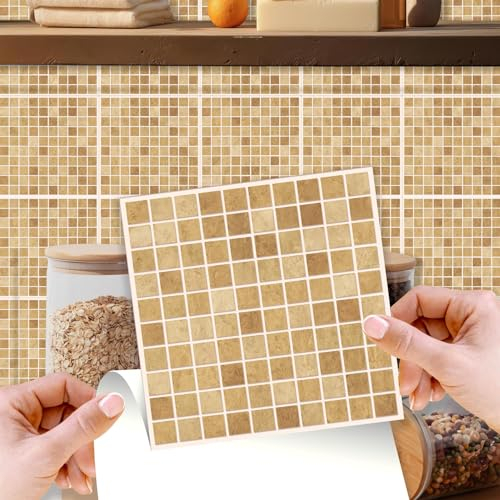 WALPLUS 15cm(6) 24 Pieces Boticcino Marble Mosaic Wall Tile Sticker Set Peel and Stick Backsplash Decals Vinyl Home Decors Splashback for Kitchen Bathroom Tile Paint Stick on Wall Bedroom