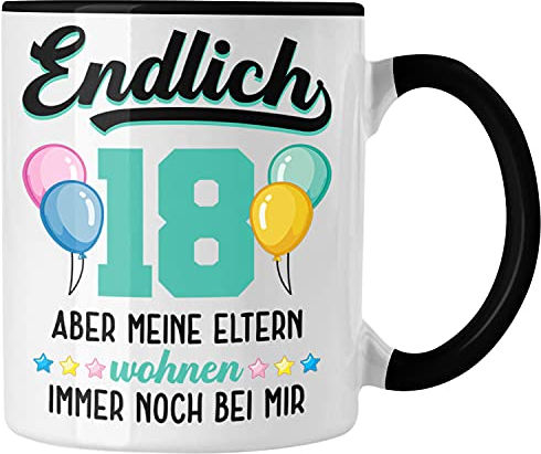 Trendation - 18. Geburtstag Tasse Geschenk Mädchen Jungen Geschenkidee Lustig Spruch 18 Geschenke Geschenkideen zum 18 Bday 18er Erwachsen (Schwarz)