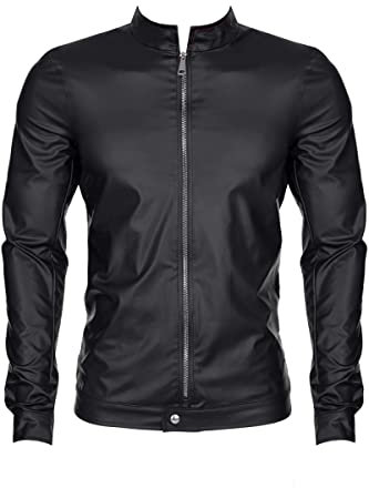 Regnes Fetish Planet Herren Wetlook Jacke in schwarz mit dekorativen Metallic-Druckknöpfen und silberfarbenem Reißverschluss XL