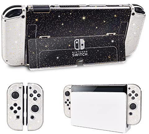 DLseego Glitter Protective Case for Nintendo Switch OLED Model 2021, Gold - Hard Shell, Compatible with Switch OLED, Full Protection, Dockable Cover with Flip Stand
