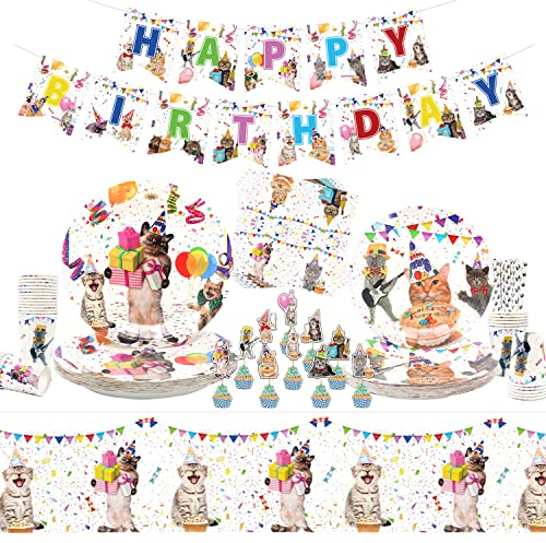 LSJDEER Katzen-Geburtstagsparty-Zubehör Dekorationsset – Kätzchen Geschirr – Alles Gute zum Geburtstag Banner Teller Servietten Tassen Tischdecken Stroh Mehrfarbig Groß