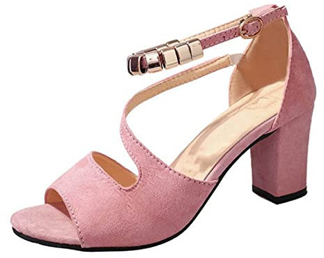 HIONRE Nu Pieds en Cuir PU avec Confortable Sandales,Sandales Creuses Respirantes, Chaussures décontractées à Talons Hauts pour Femmes, Rose, 37,Basic Sandales Bout Ouvert Femme