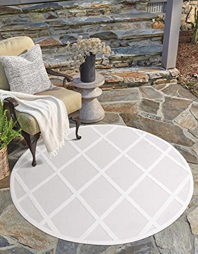 carpet city In-& Outdoor Teppich - Rund 160 cm - für Innen-& Außenbereich - Wetterfest Balkon-Teppich, Terrasse, Flur, Küche - Wohnzimmer-Teppiche - Hochtief/ 3D-Effekt - Raute-Optik in Creme