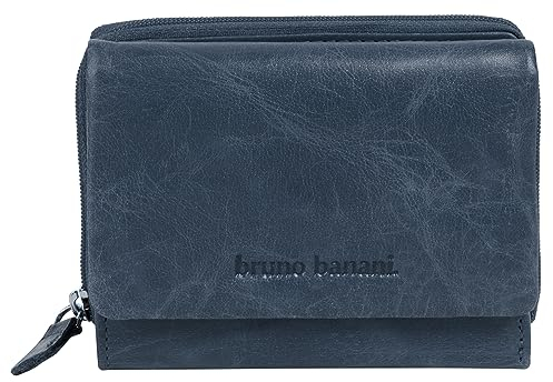 bruno banani Geldbörse Echt Leder Damen | RFID-Schutz, 4 Kartenfächer, kompaktes Portemonnaie, 1 Münzfach mit umlaufendem Reißverschluss, praktische Fächeraufteilung blau | 021753
