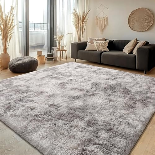 Cinknots Teppich Wohnzimmer Groß Hochflor,Teppich Schlafzimmer Waschbar rutschfest,Flauschiger Teppiche Innen Carpet Passend für Kinderzimmer Küche(Grau Weiß,185x185cm)