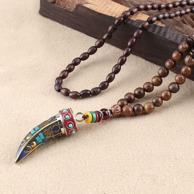 HXSCOO Handgefertigter Nepal-Schmuck Buddhistische Mala-Holzperlen-Anhänger-Halskette Ethnische Ochsenhorn-Lange Statement-Halskette for Frauen und Männer (Color : Style3)