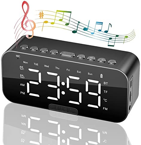 Reloj Despertador Digital, Radio Despertador con Altavoz Bluetooth, Reloj de Cabecera con Doble Alarma, Repetición, Pantalla LED, Ajuste de Brillo en 3 Niveles, Carga USB, Reloj Despertador con Espejo