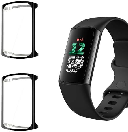 Niboow Hülle [2-Stück] Kompatibel mit Fitbit Charge 6, mit Kratzfest Displayschutzfolie, Soft TPU Stoßfestes Schutzhülle Kompatibel mit Fitbit Charge 6 - Schwarz + Schwarz