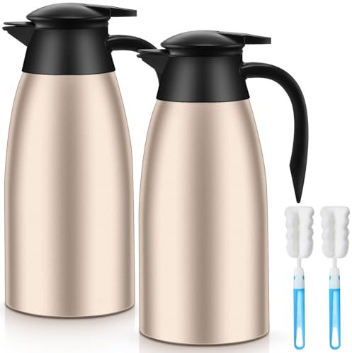 Uiifan 2 Pcs 68oz Thermal Coffee Carafe Insulated Stainless Steel Thermal Coffee Carafe Double Walled Vacuum Flask Carafes with Brushes for Keeping Tea for 12 Hours(Champaign Gold)