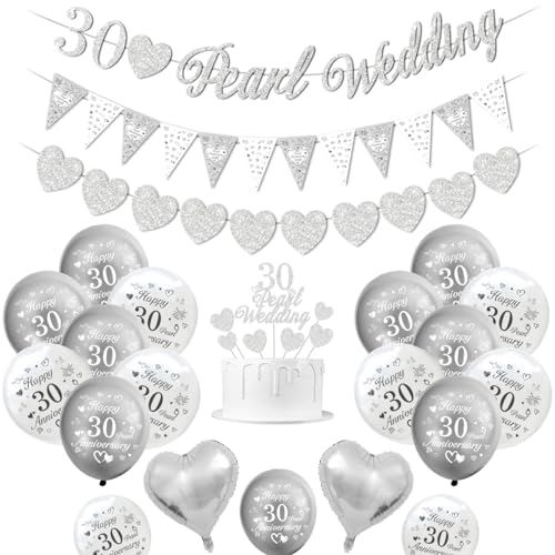 Perlen Hochzeit deko, 30 Hochzeitstag Dekorationen, 30 Perlen Hochzeitsbanner, Happy 30th Anniversary Luftballons silberweiße Luftballons Herzballons 30 Pearl Wedding tortenaufsatz