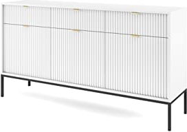 BETTSO - Nova KSZ-154 - Kommode - Schminktisch - Komodenschrank - 83 cm hoch, 154 breit - 3 Schubladen, Geriffelt - für Wohnzimmer - Modern, Glamour - Weiß - mit schwarzen Griffen und Beinen