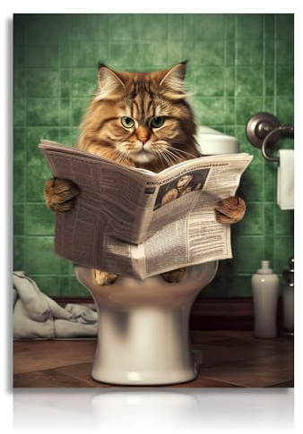 Dazzlewall Lustige Katze Wandbilder Katze in Toilette Zeitung Lesend, Vintage Leinwand Bilder für Badezimmer Toilette Deko 30x40 cm Ohne Rahmen