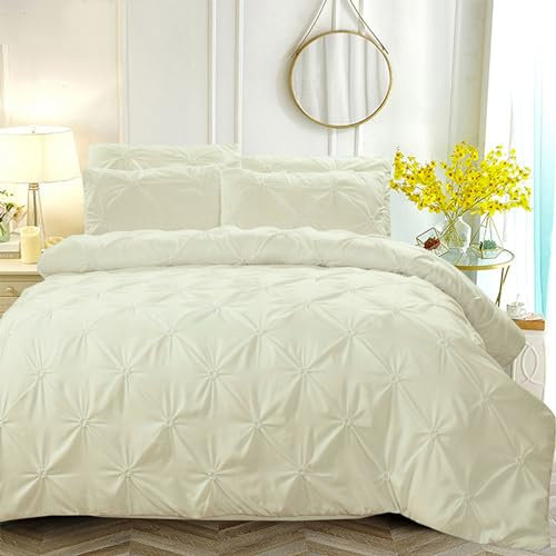 Luofanfei Pintuck Bettwäsche 200x220 Pinch Beige Einfarbig Muster Plisseefalten Plissee Bettwäsche 220 Quetschfalten Geometrisches Microfaser Modern Bettbezug 220x200 und 2 Kissenbezüge 80x80cm