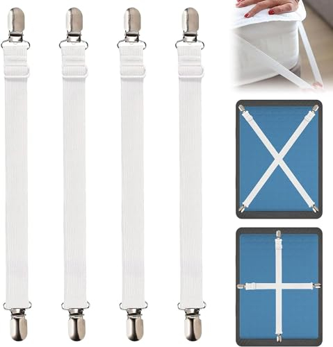 Attache Drap Housse Réglable,Tendeur Drap Housse,Convient à Tous Lits et Matelas, Attaches Réglables(35cm à 130cm) Blan,4Pcs
