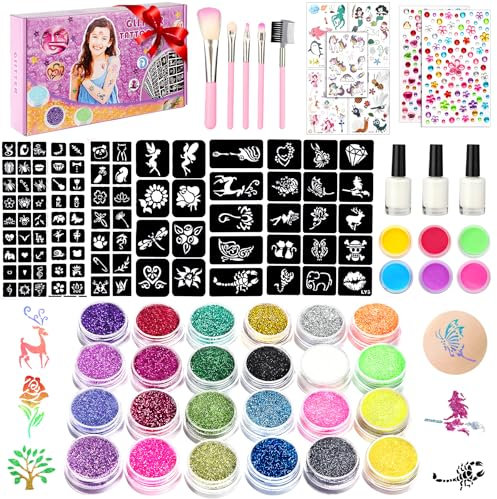 WECUTE Kit de Tatouage, Kit Tatouage Paillettes Enfant-30 Couleurs, 189 Pochoir, 5 Pinceaux, Non-toxique Kit Maquillage de Tatouage Paillette, Pour Carnaval,Cadeau Fille