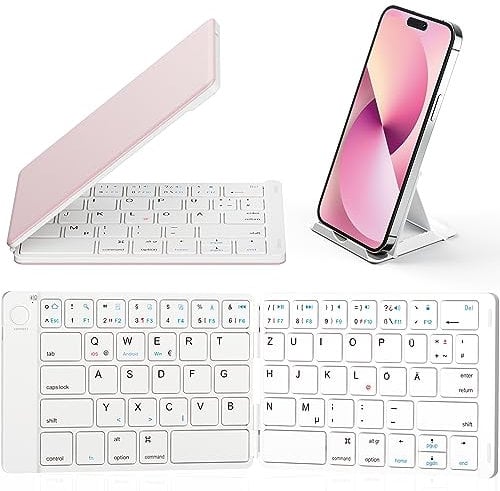 Samsers Foldable Bluetooth Keyboard - Portable Wireless Keyboard with Stand Holder, Ultra Thin Pocket Size, Compatible with Smartphone, Tablet, Laptop, iOS, Android, Windows, Cute Pink