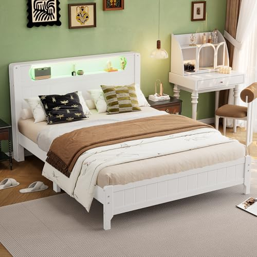 MQLAE Holzbett Doppelbett Jugendbett 140x200 mit LED und Offenes Regal, Bettgestell mit Lattenrost, Bett 140x200 für Kinder, Teenager und Erwachsene, Rahmen aus Kiefer, Weiß, ohne Matratze