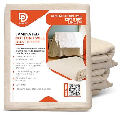 PRIMES DIY Laminated Twill Professional Quality Dust Sheet 12 x 9 ft, Heavy Weight Cotton Painting & Decorating, Durable, Reusable Drop Cloths, Furniture Cover, Natural Canvas, High-Grade Fabric 1PC