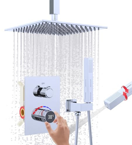 Temperature Display Shower System, Ceiling Mount 10 Inch Shower Head with 2 in 1 Handheld Shower Faucet Set, Chrome