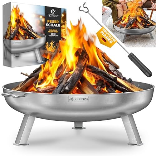 KESSER® Brasero en acier de 2,5 mm d'épaisseur - Diamètre : 60 cm - Acier inoxydable - 42 cm - Crochet en fonte - 2 poignées solides - Brasero en bois et charbon - Pour feu de camp, jardin et terrasse