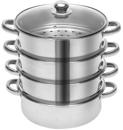 Vaporera de 26 cm, 5 capas, multifuncional, acero inoxidable, con tapa de cristal, para todo tipo de fuegos, como inducción, cerámica eléctrica