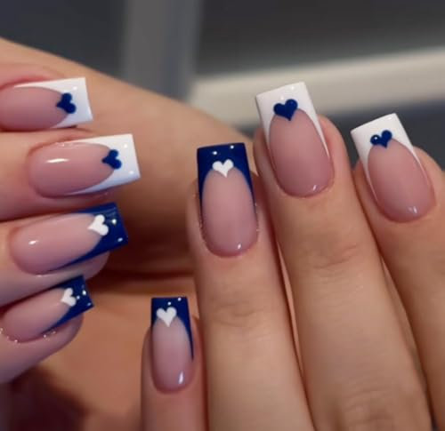 24Pcs Short Square False Nails, Blue and White with Heart French Press on Acrylic DIY Art Stick for Women