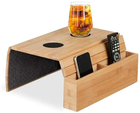 Tilizan Plateau Canapé Accoudoir, Pliable Plateau Accoudoir Canapé en Bois, Tablette Accoudoir Canapé avec Porte-Gobelet et Compartiment, pour Rangement Télécommande TV, Collations, Tasse