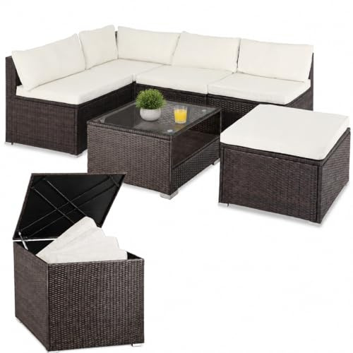 CASARIA Brown Cream 5 Person Polyrattan Garden Furniture Set 318 L Box | Weatherproof Outdoor Sofa Set with Table Stool Cushions and 318 L Storage Box for Garden Patio Terrace Balcony and Decking