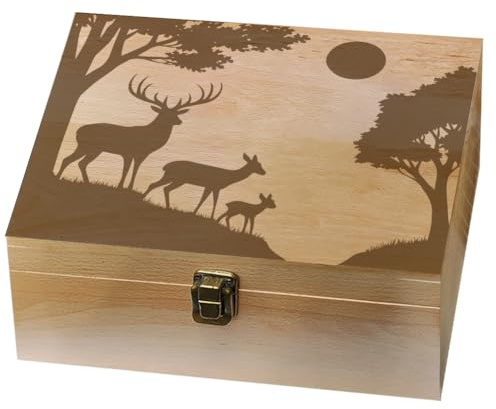 arricraft 1 Stück Erinnerungsbox Aus Holz Eine Familie von Drei Hirschen Im Wald Mit Der Sonne Aufbewahrungs Dekorations Holzbox Für Fotos DVDs Buchstaben Fassungsvermögen 24.5x19.5x10.3cm