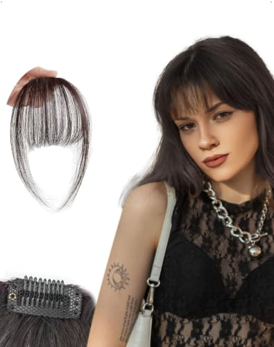 SanKristo Clip in Pony 100% Echthaar Haarteil, Damen 3D-Air Hair Gebogener Vorhangpony mit Schläfen Unsichtbare Clips Extensions Natürlichen Ponys Frauen Mädchen DIY-Styling Alltag, Schwarzbraun