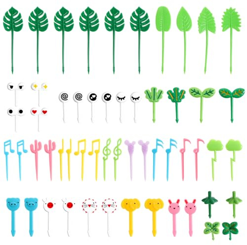 56PCS Food Picks for Kids Multiple Shaped Musical Notes Animal World Eyes Four-Leaf Clover Turtle Leaf Plastic Toothpicks Fruit Sticks Bento Snack Sandwich Appetizer Forks Charcuterie Skewers