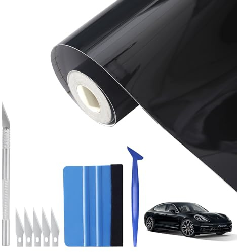 30 x 300 cm - Noir brillant - Autocollant - Imperméable et sans bulles - Noir mat - Pour voitures, motos, vélos, bricolage - Avec 4 lames de coupe et outils de pose