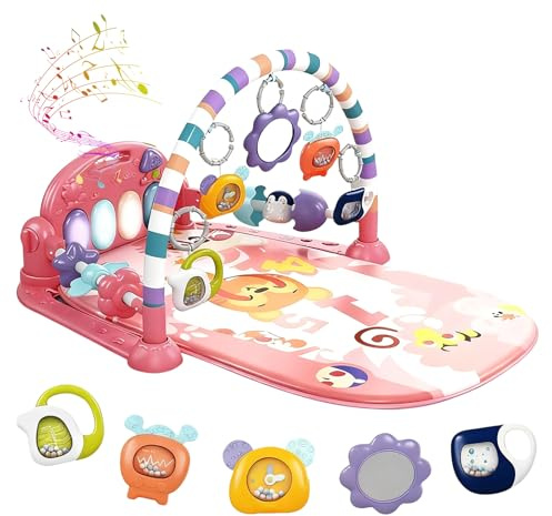 LN COZY CORNER Baby Play Mat Gym, 6-Mode Activity Mat with Kick-Activated Piano & Lights, with 5 Infant Sensory Baby Toys Extra Guardrail, Tummy Time Mat for Newborn Infants 0-12 Months (Pink)