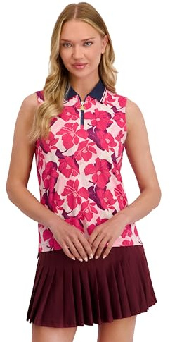Stella Parker Women's Ribbed Sleeveless Polo Top – UPF 50+, Stretch Fabric, Contrast Collar, Zip Front, Floral, Medium
