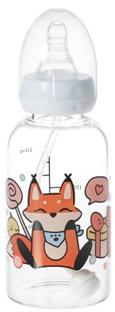 Biberon pour adultes - Flacon en verre avec capuchon, 300 ml, design imprimé, tétine en silicone sans BPA, fourni avec une paille -Baby Fox