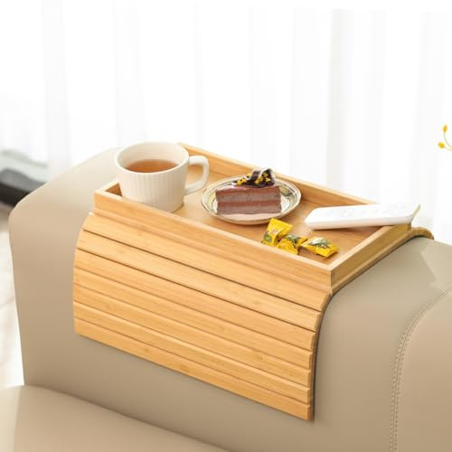 GEHE Bamboo Sofa Arm Tray, Foldable Couch Arm Tray Side Table, Anti-Falling Armrest Tables Cup Holder for Snacks, Drinks, Beers, Phone, Control, Flexible and Portable
