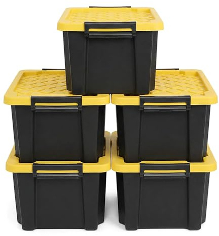 NOVECRAFTO 60L Medium Storage Box with Lid, 5 Pack – Heavy-Duty Storage Box with Carry Handles, Durable Plastic, Clip Locks, Stackable – Garage, Shed & Outdoor Use (Black)