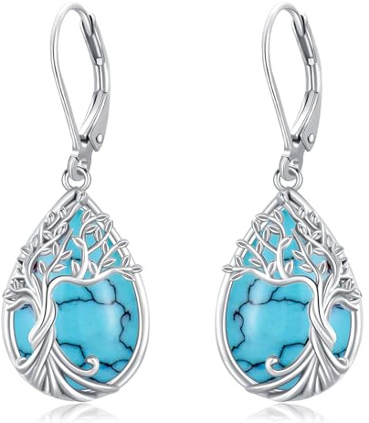Pendientes Árbol de la Vida para Mujer Plata Chapada, Pendientes Colgantes Piedra Lunar Joyería para Mujeres Mamá