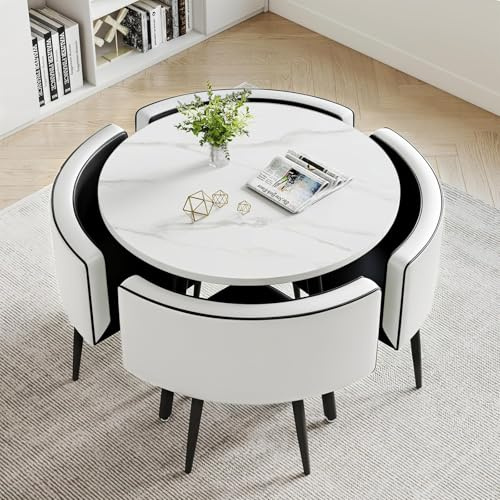 Runder Esstisch und Stühle für 4 Personen, MDF-Esstisch mit PU-Leder Gepolsterten Stühlen, Küchetisch Set Sitzgruppe für Küche für Küche, Wohnzimmer, Balkon, Restaurant, Büro (Rund Schwarz-Weiß)