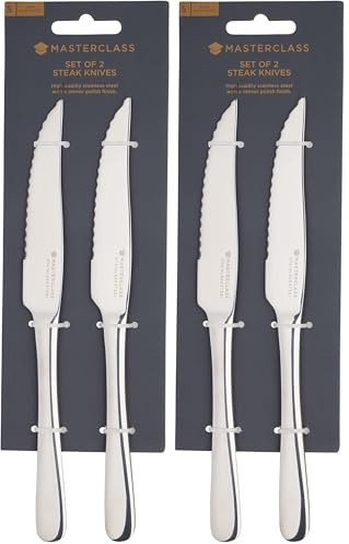 MasterClass Steak Knives Set, Two Stainless Steel Knives for Steak, Serrated Edges for Effortless Cutting, Stain and Corrosion Resistant, Dishwasher Safe, Silver (Pack of 2)