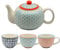 Nicola Spring Patterned Porcelain Blue/Orange Print Teapot & Cappuccino Cups Set - 3 Individual Coloured Cups