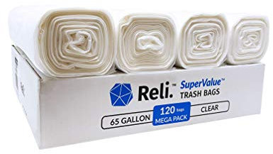 Reli. SuperValue 65 Gallon Trash Bags (120 Count, Bulk), Made in USA - Clear 65 Gallon Garbage Bags (60 Gallon - 64 Gallon - 65 Gallon Capacity), Clear
