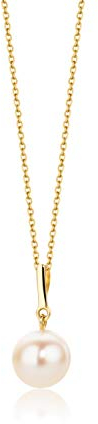 Orovi Schmuck Damen Halskette Gelbgold mit Kettenanhänger runde weiße Süßwasserperle 8.5 mm Kette aus 14 Karat (585) Gold, Länge Einstellbar 42-45cm