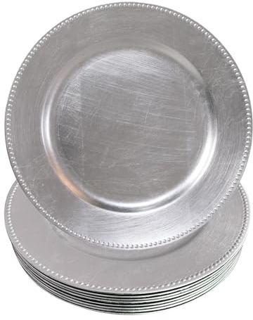 Silver Plastic Beaded Charger Plates - 12 pcs 13 Inch Round Wedding Party Decroation Metallic Charger Plates (Silver, 12)