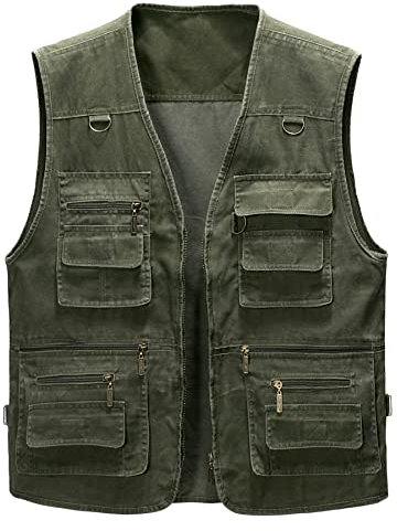Oralidera Herren Outdoor Weste Freizeit Jacke Leicht Safari Weste mit Reißverschluss Jagd und Angler Fotografie Wandern Weste Anglerweste mit Vielen Taschen, Grün, L