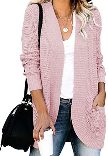Tomwell Gilet Femme Pulls Tricot Long Cardigan Veste Manches Longues Pull Manteau Hiver Chaud Tricoté Sweaters Couleur Unie Pull Cardigan Outwear avec Poches A Rose XXL