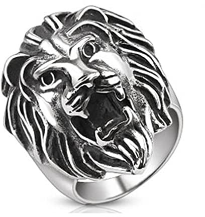 BlackAmazement Edelstahl Ring brüllender Löwe Loewe Lion Sternzeichen Biker Silber Herren